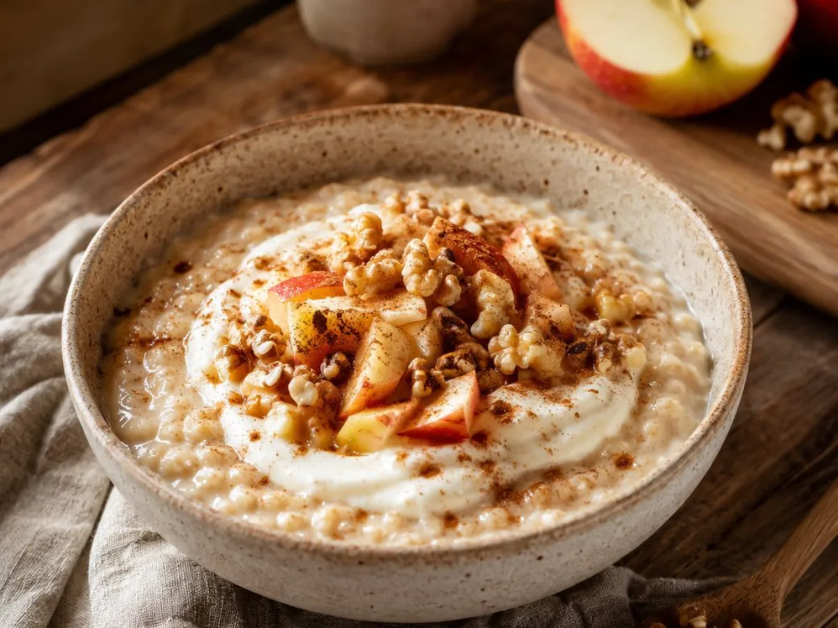Warme appel-kaneel oats met skyr en walnoten in een kom