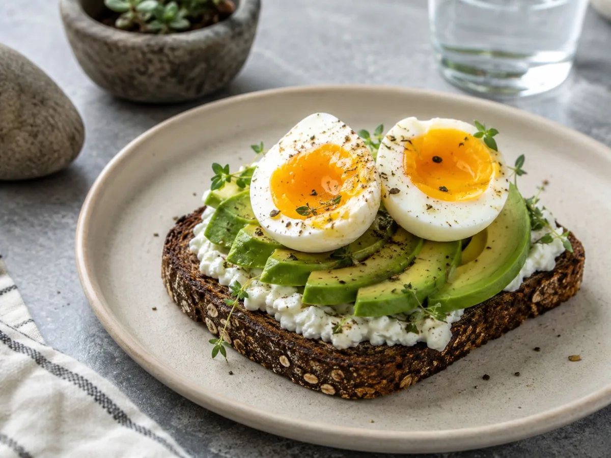 Avocadotoast met cottage cheese en een zachtgekookt ei op donker volkorenbrood