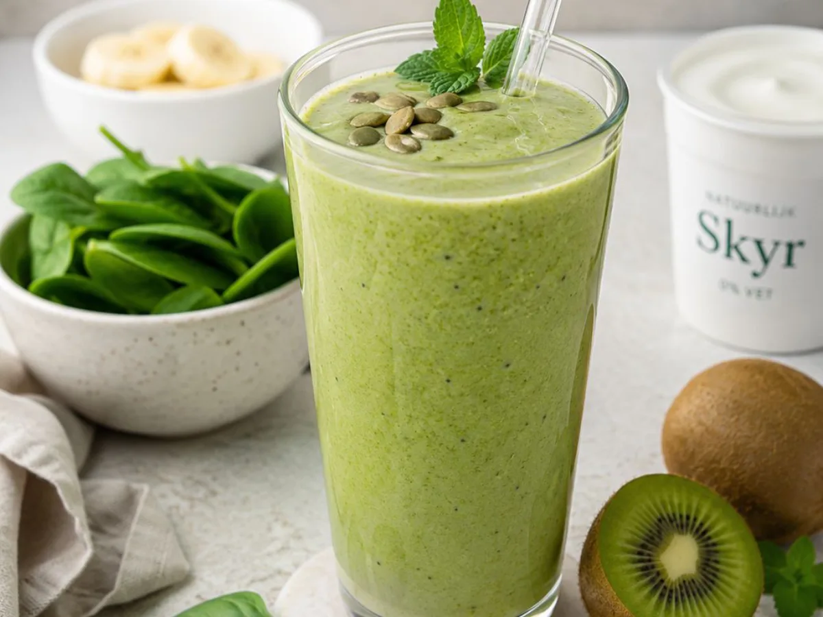 Groene smoothie met skyr, spinazie en kiwi in een hoog glas