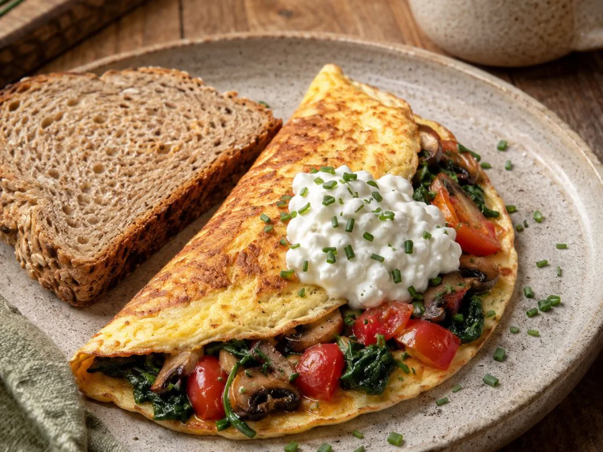 Groente-omelet met hüttenkäse, spinazie en tomaat, met een snee volkorenbrood