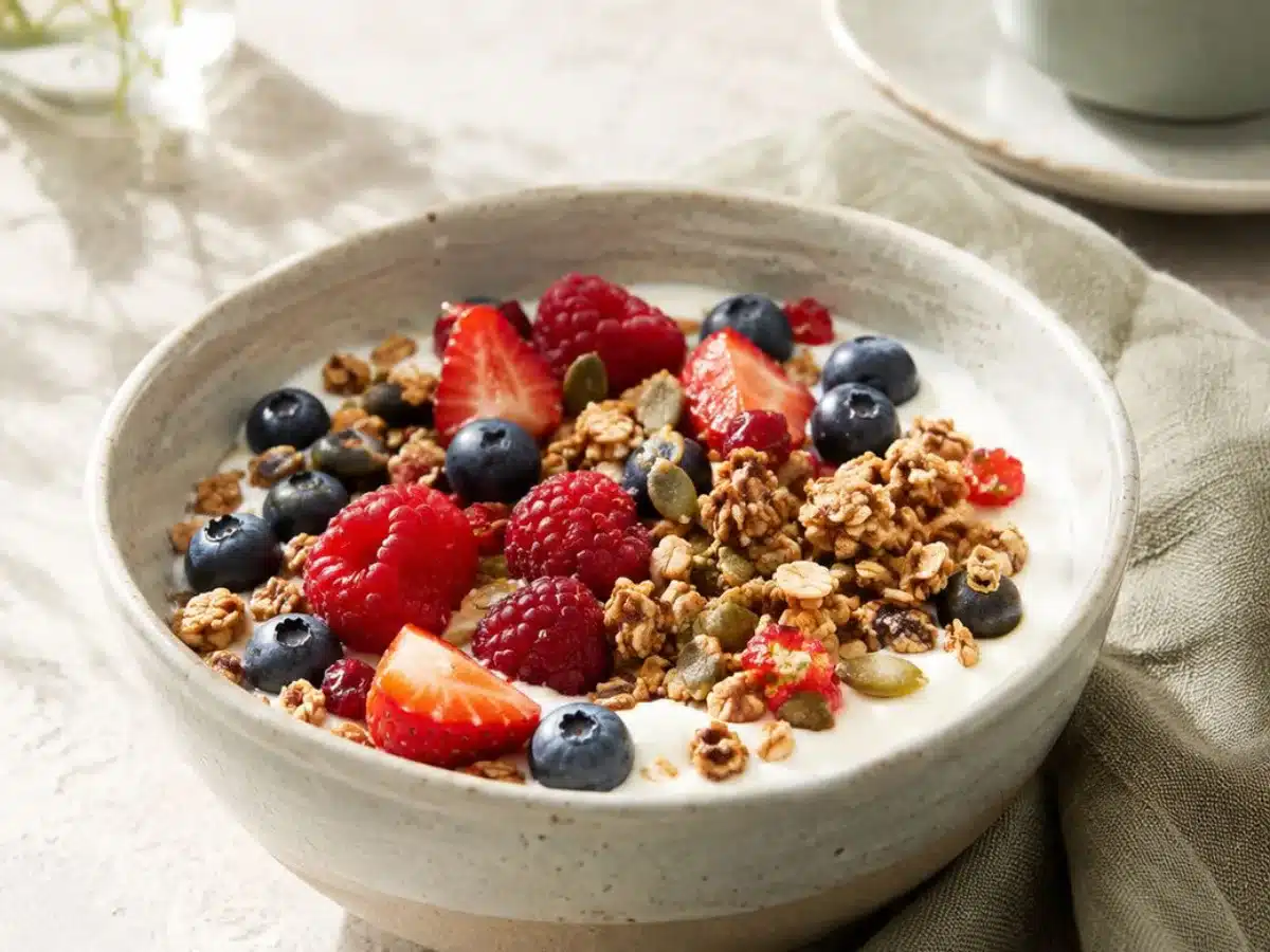 Kwarkbowl met gemengde bessen, granola en pompoenpitten in een aardewerken kom