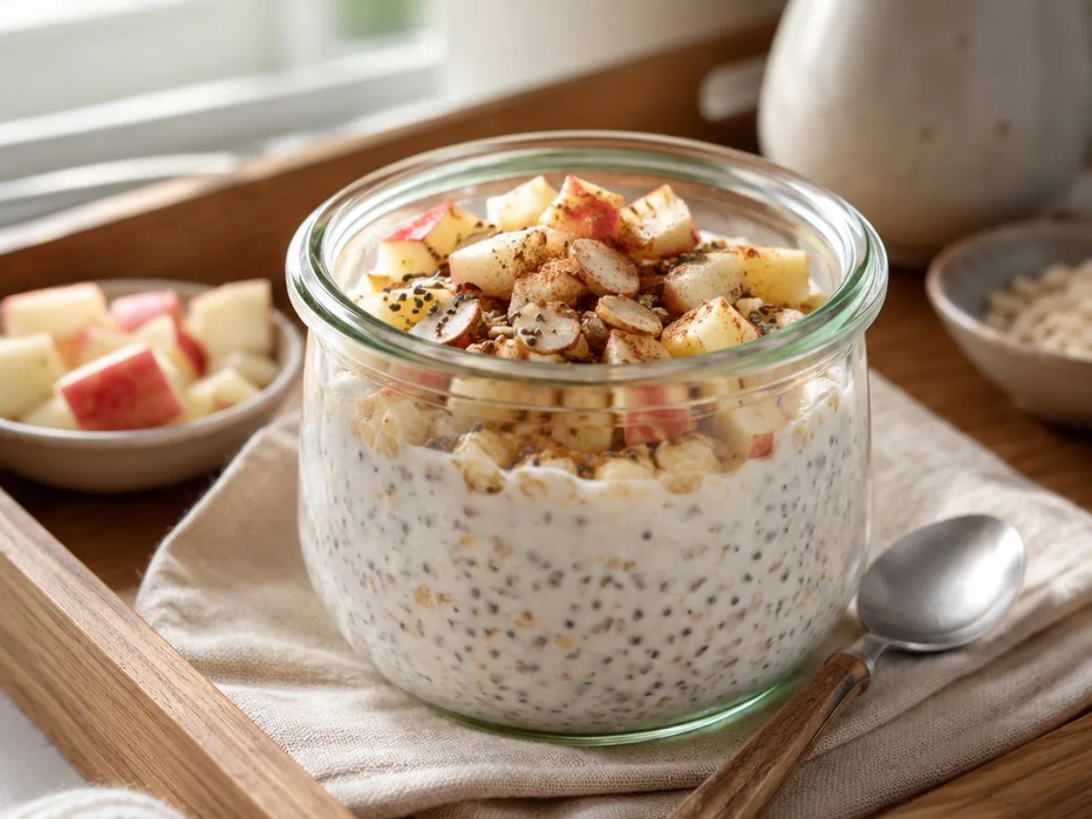 Overnight oats met skyr, appel en kaneel in een glazen pot op een houten dienblad
